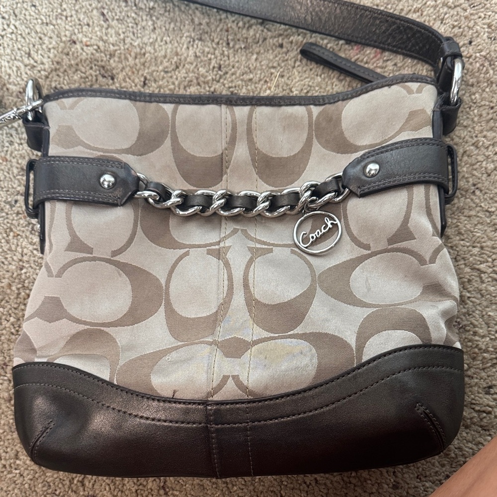 Coach Signature Brown and Cream Shoulder Bag